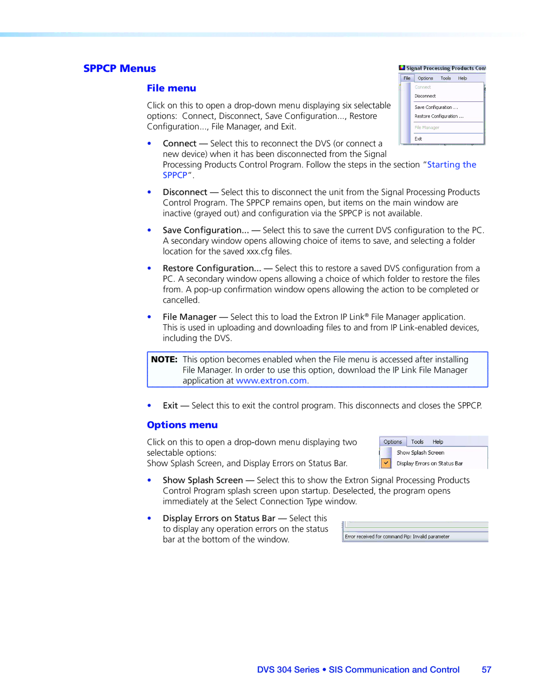 Extron electronic DVS 304 manual Sppcp Menus, File menu, Options menu 