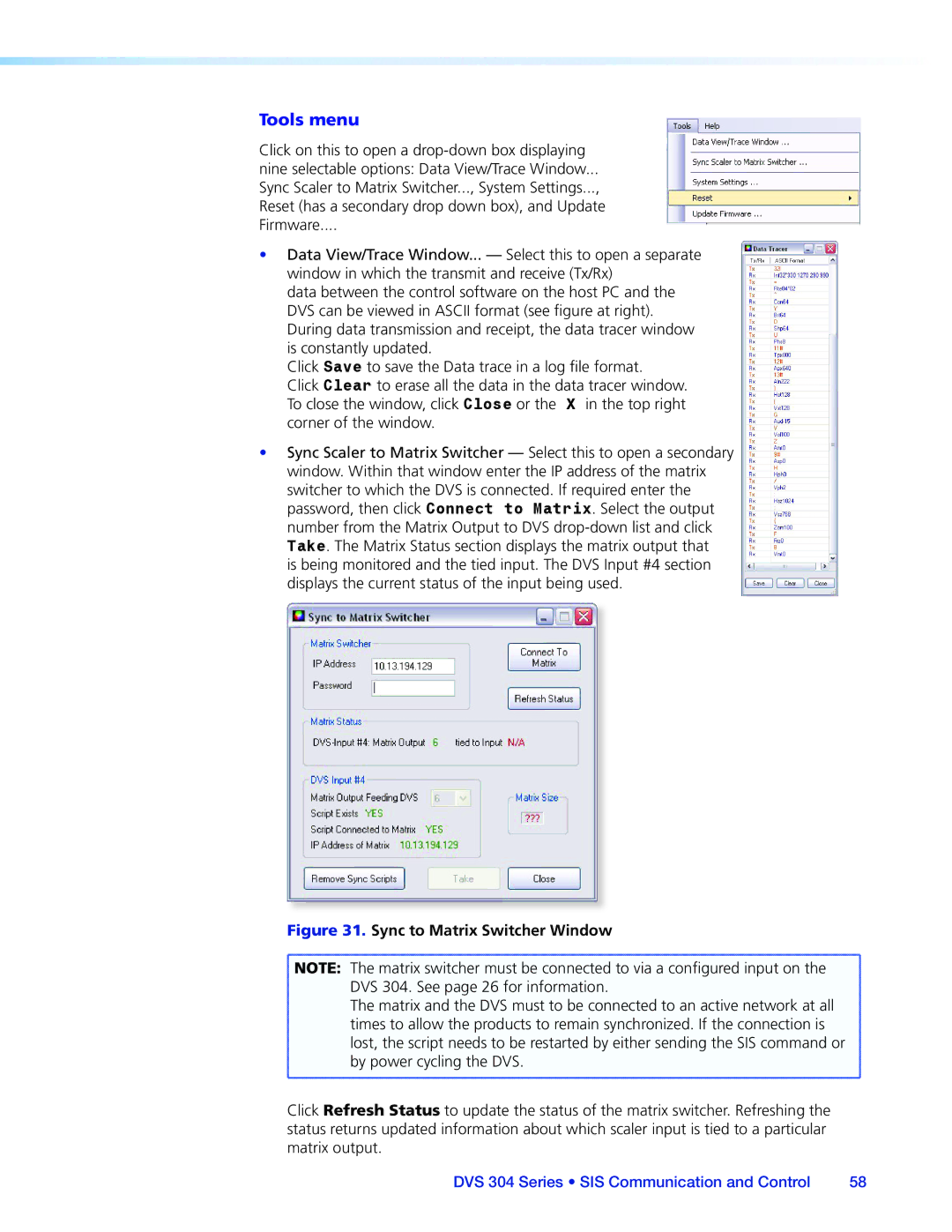 Extron electronic DVS 304 manual Tools menu, Sync to Matrix Switcher Window 