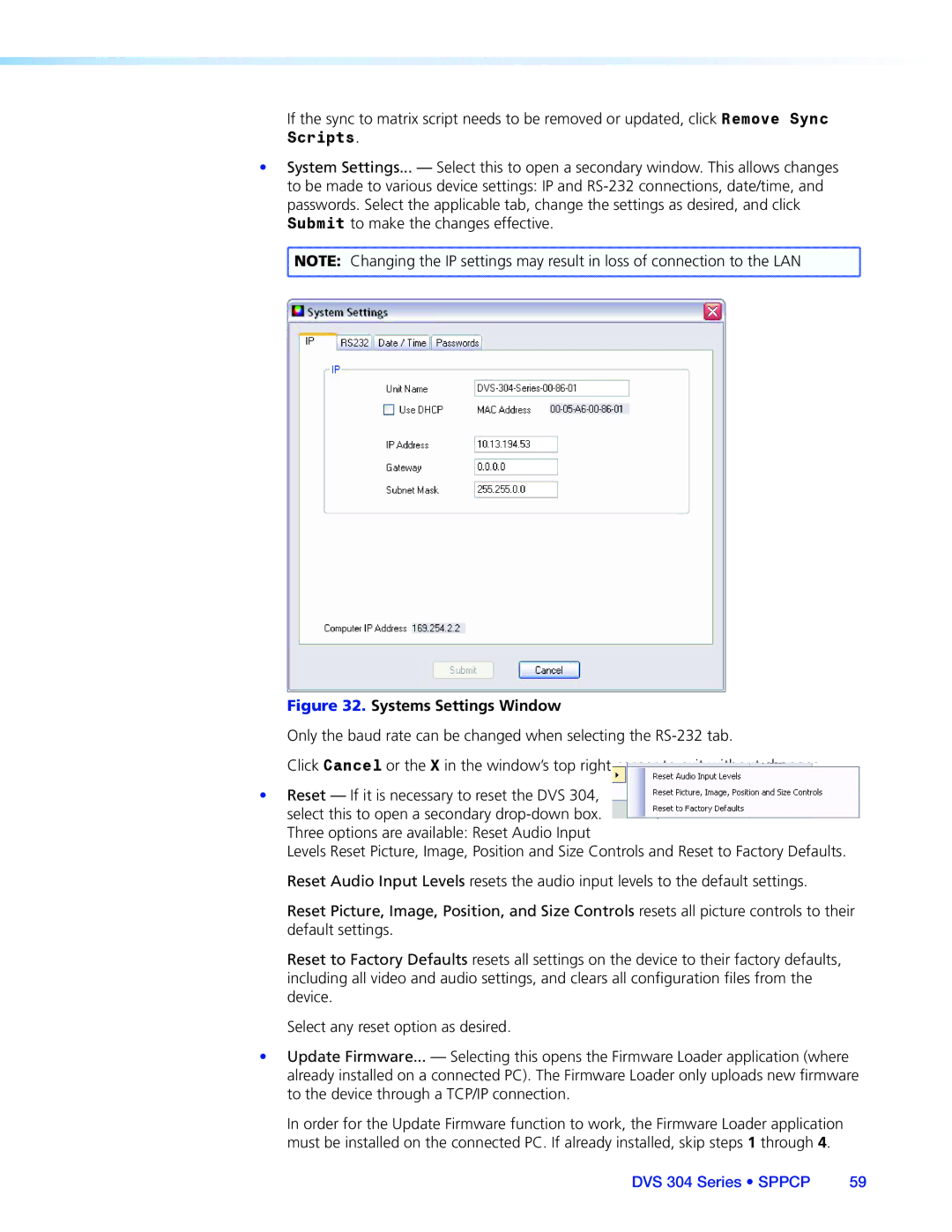 Extron electronic DVS 304 manual Systems Settings Window 