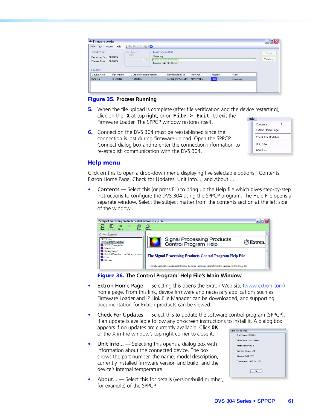 Extron electronic DVS 304 manual Help menu, Process Running 