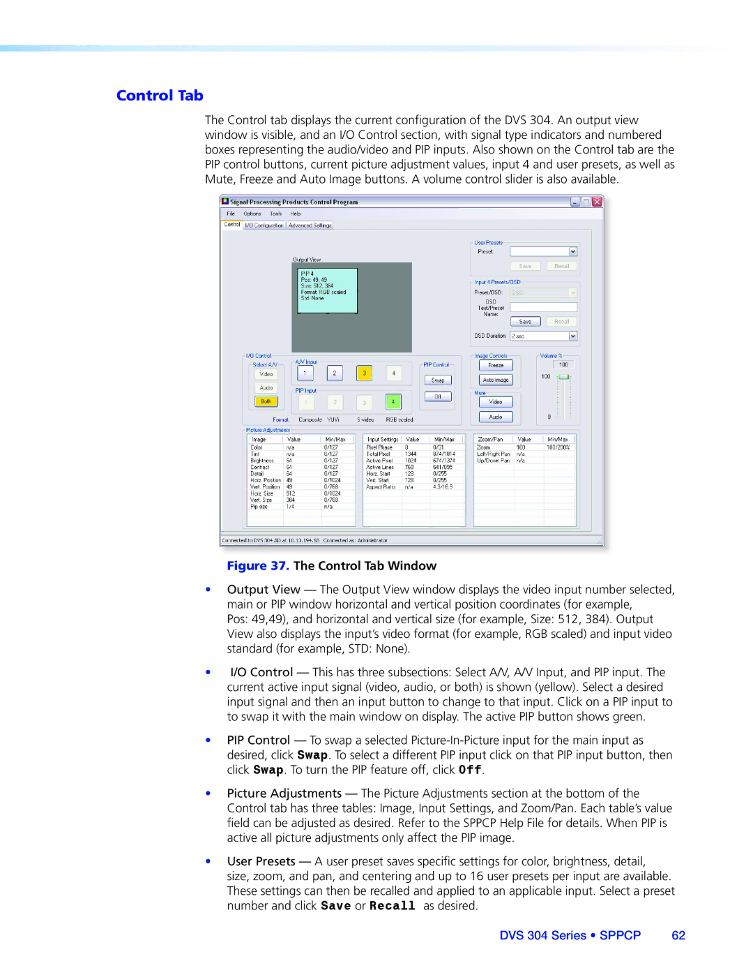 Extron electronic DVS 304 manual Control Tab Window 