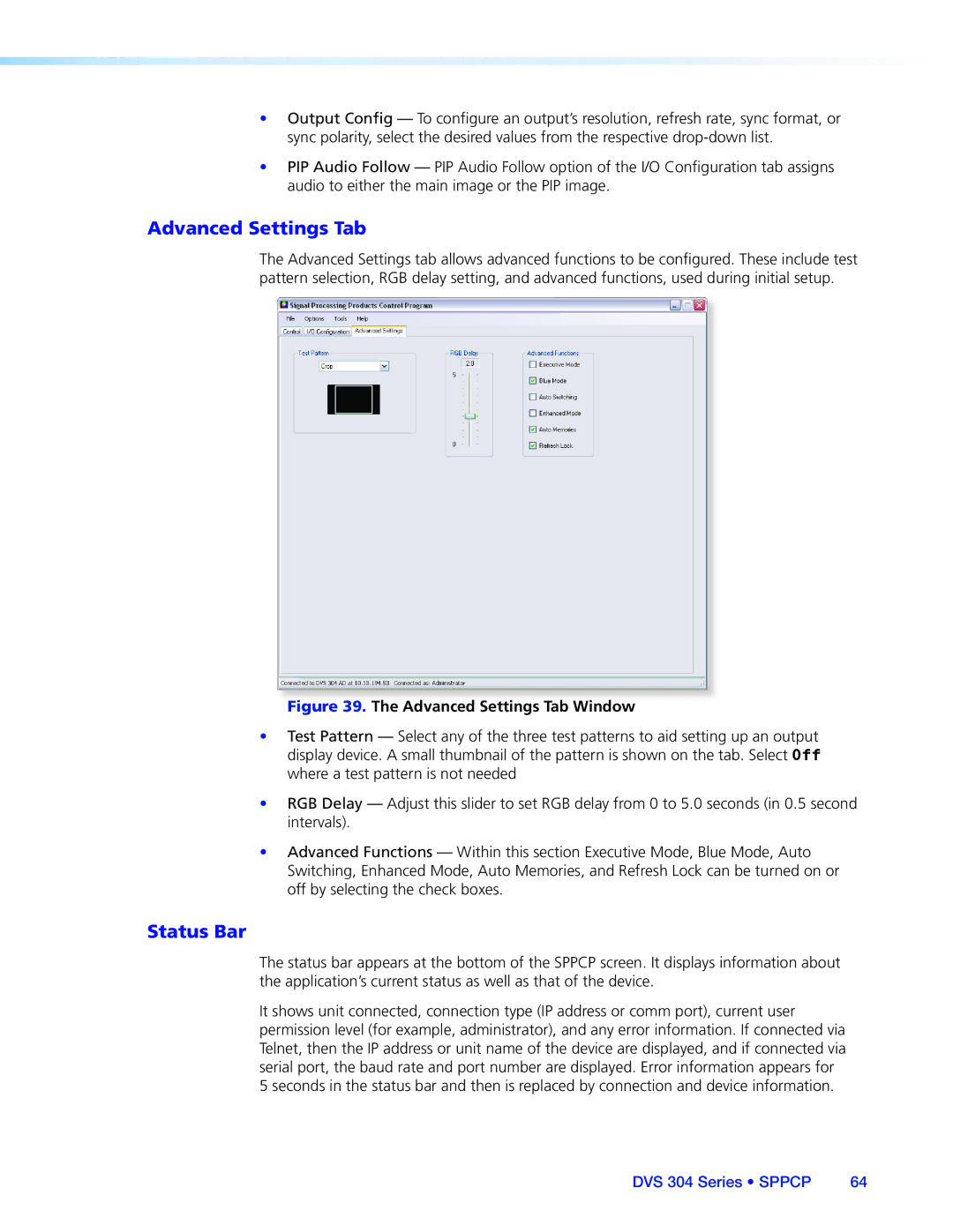 Extron electronic DVS 304 manual Advanced Settings Tab, Status Bar 