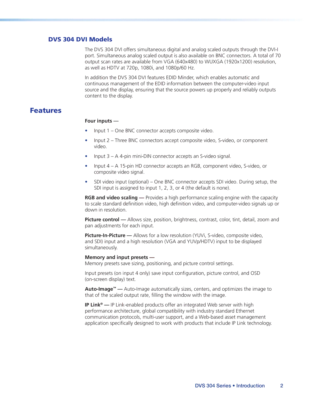 Extron electronic manual Features, DVS 304 DVI Models, Four inputs, Memory and input presets 