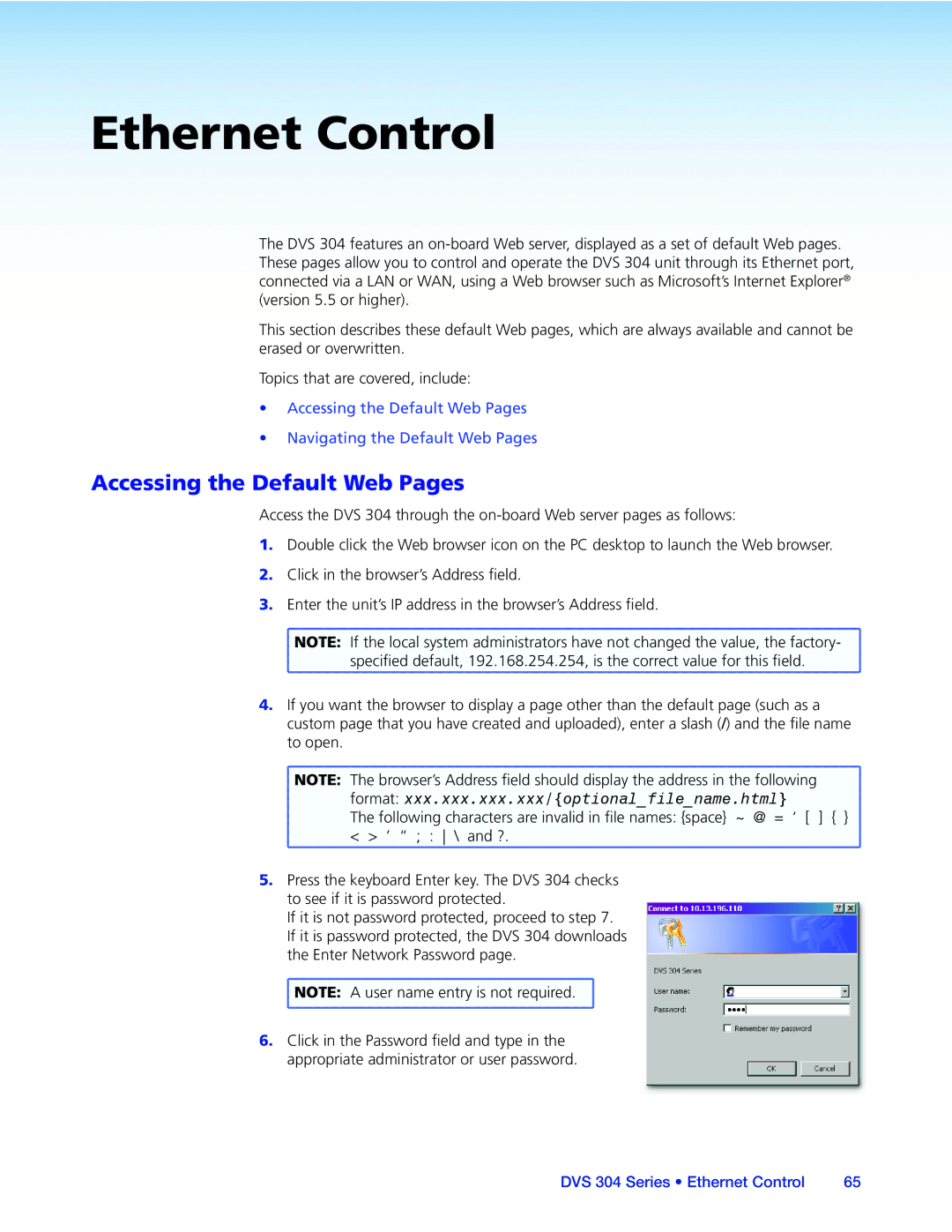 Extron electronic DVS 304 manual Ethernet Control, Accessing the Default Web Pages 