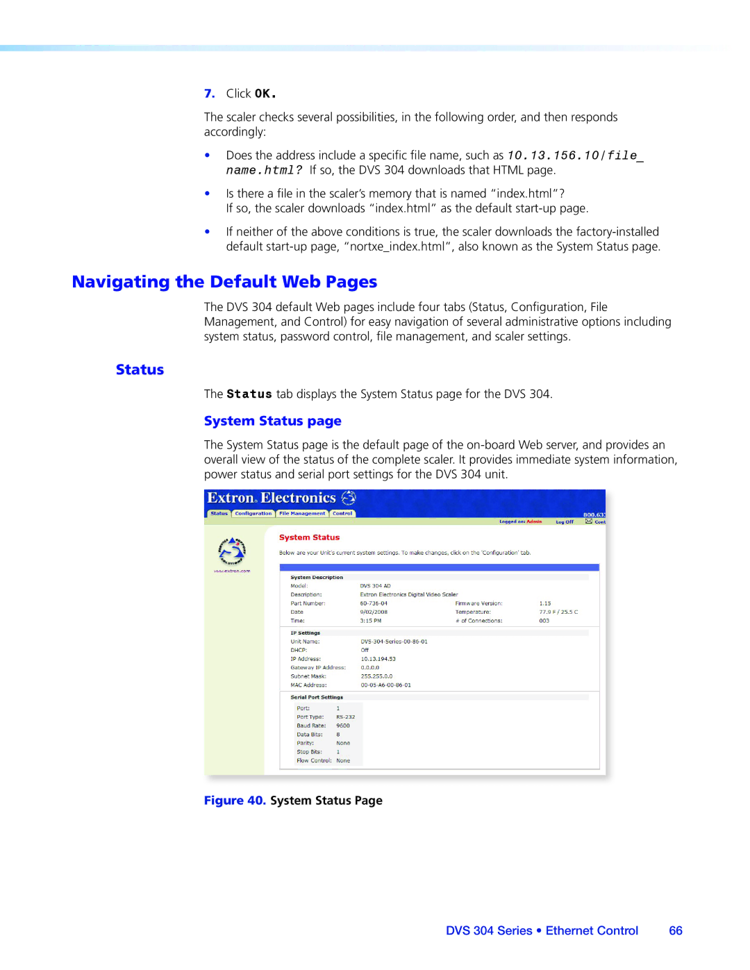 Extron electronic DVS 304 manual Navigating the Default Web Pages, System Status 