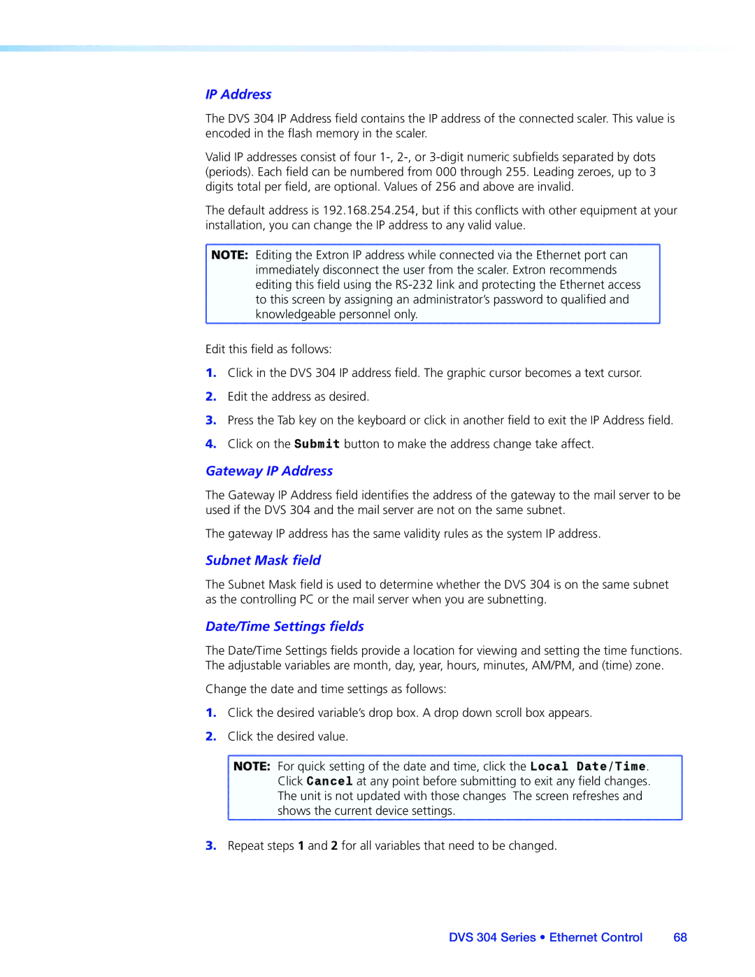 Extron electronic DVS 304 manual IP Address 