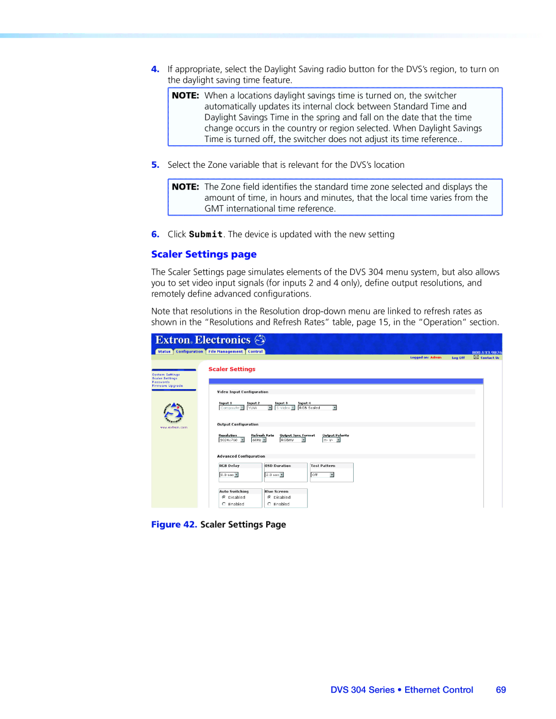 Extron electronic DVS 304 manual Scaler Settings 