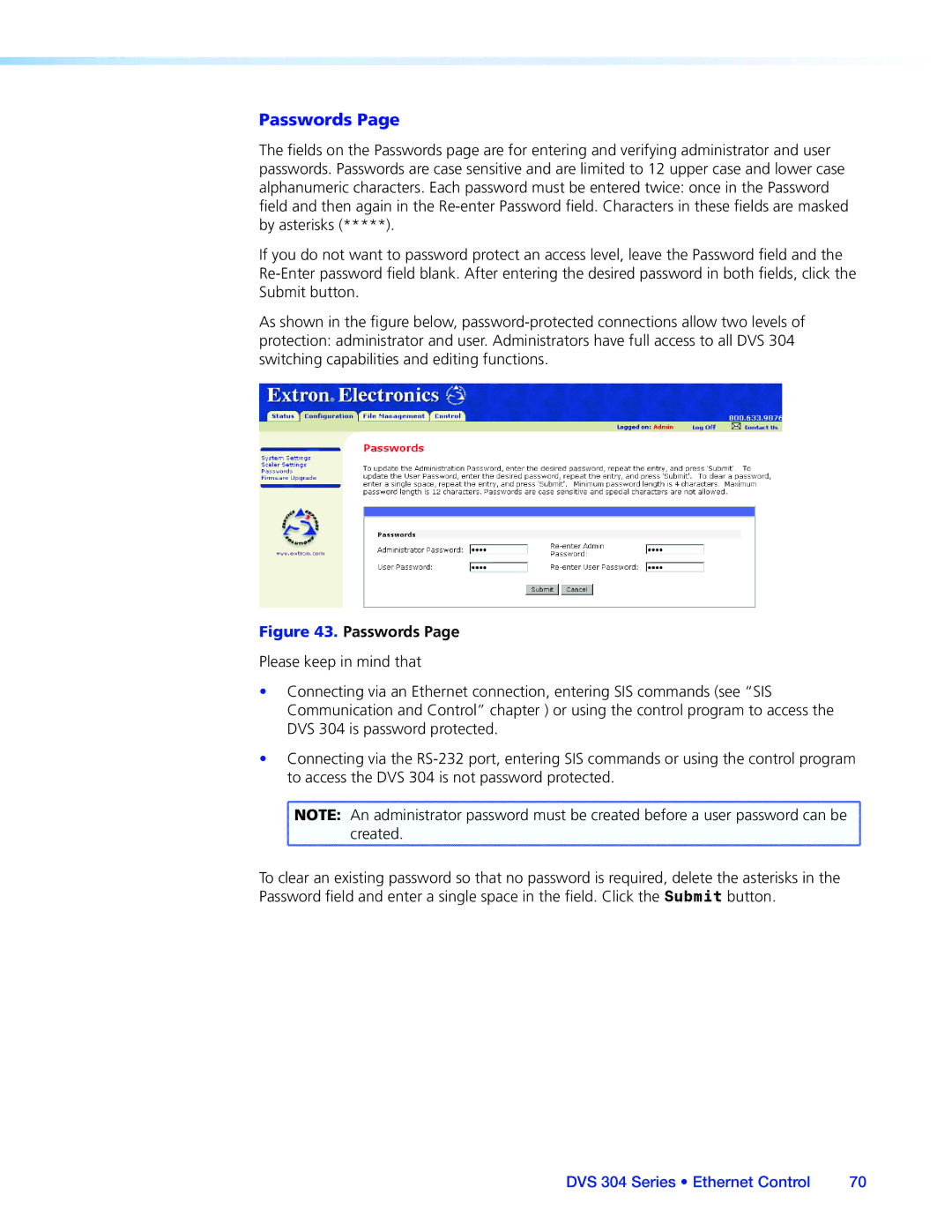 Extron electronic DVS 304 manual Passwords 