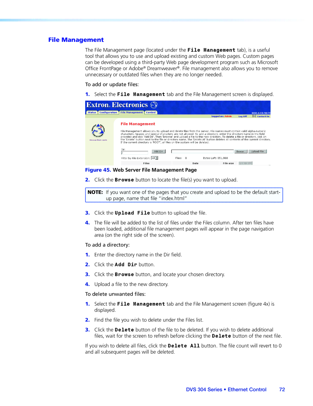 Extron electronic DVS 304 manual Web Server File Management 