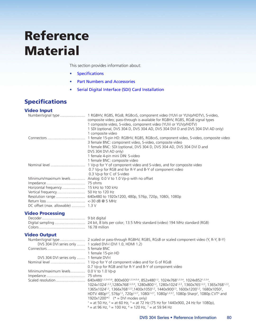 Extron electronic DVS 304 manual Reference Material, Specifications, Video Input, Video Processing, Video Output 