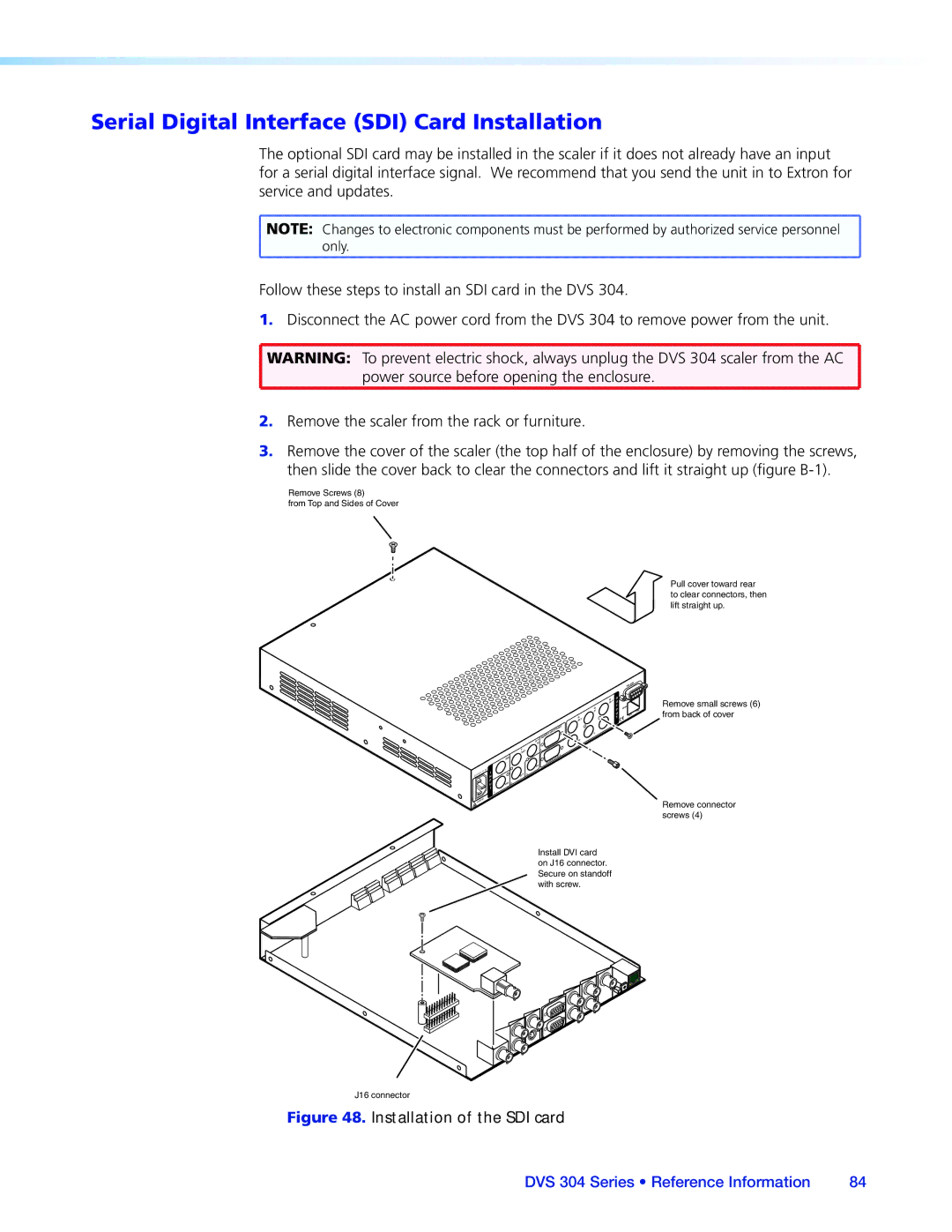 Extron electronic DVS 304 manual Serial Digital Interface SDI Card Installation, Installation of the SDI card 