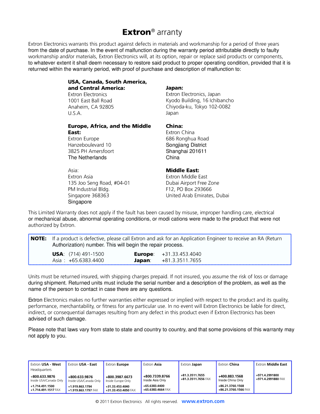 Extron electronic DVS 304 USA, Canada, South America Japan Central America, Europe, Africa, and the Middle China East 