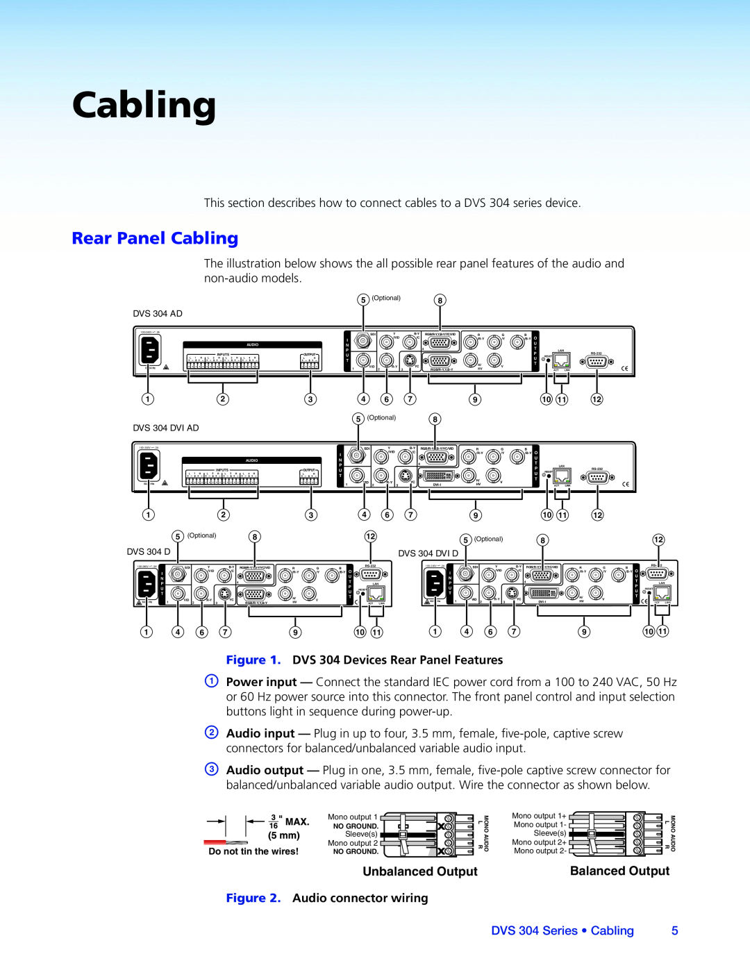 Extron electronic manual Rear Panel Cabling, Unbalanced Output, Balanced Output, DVS 304 Series • Cabling 