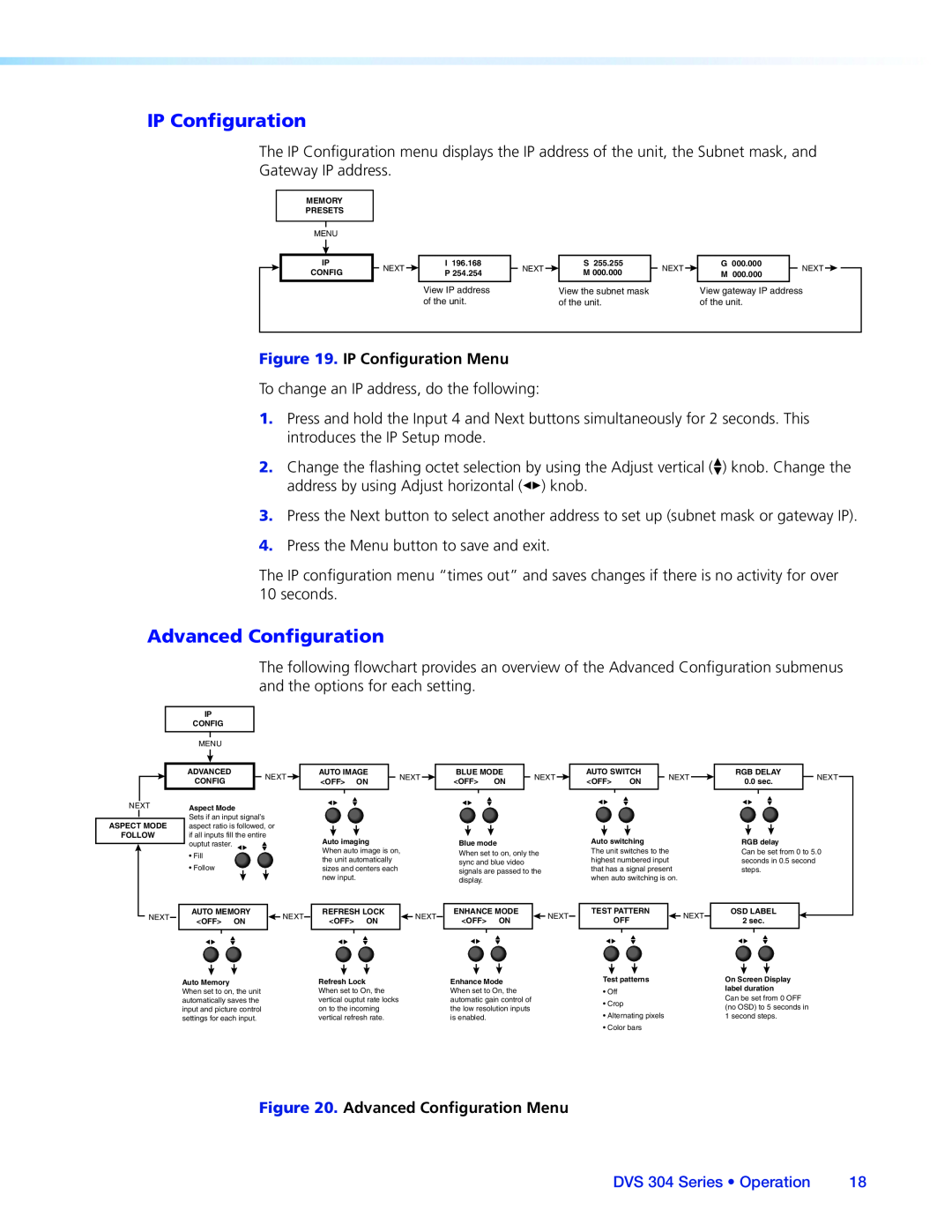 Extron electronic manual IP Configuration Menu, Advanced Configuration Menu, DVS 304 Series Operation 