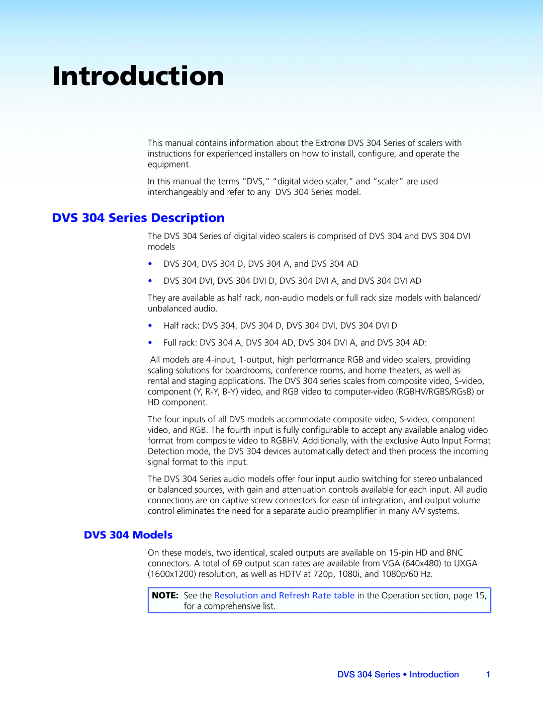 Extron electronic manual DVS 304 Series Description, DVS 304 Models, DVS 304 Series • Introduction 
