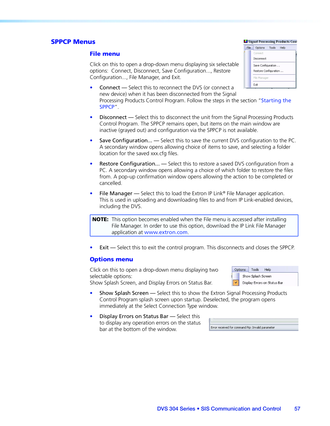Extron electronic manual SPPCP Menus, File menu, Options menu, DVS 304 Series • SIS Communication and Control 