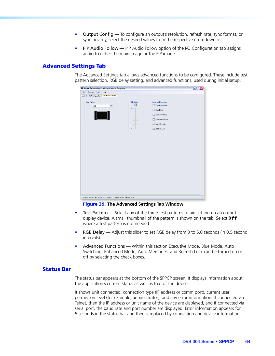 Extron electronic manual Status Bar, The Advanced Settings Tab Window, DVS 304 Series • SPPCP 