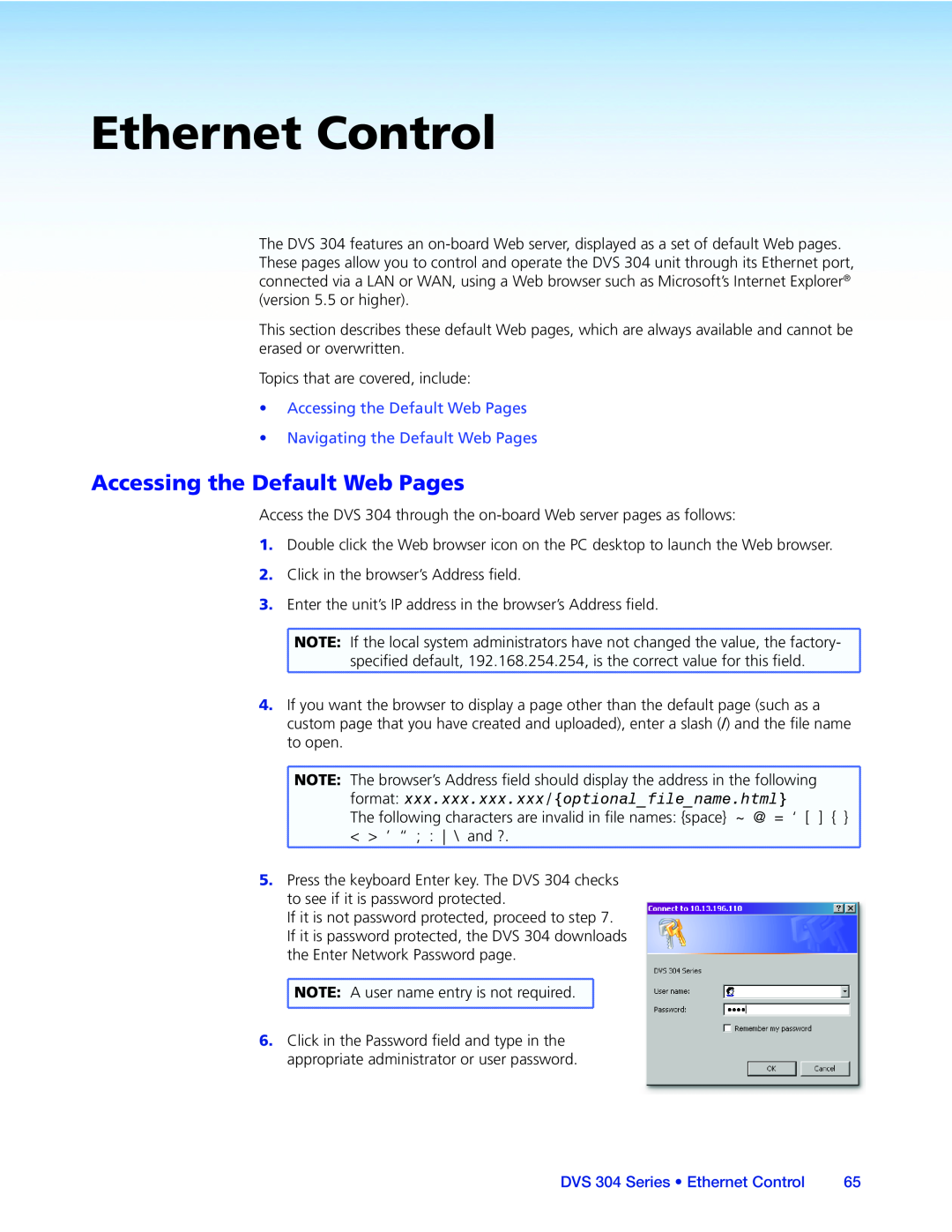 Extron electronic DVS 304 manual Ethernet Control, Accessing the Default Web Pages, Navigating the Default Web Pages 