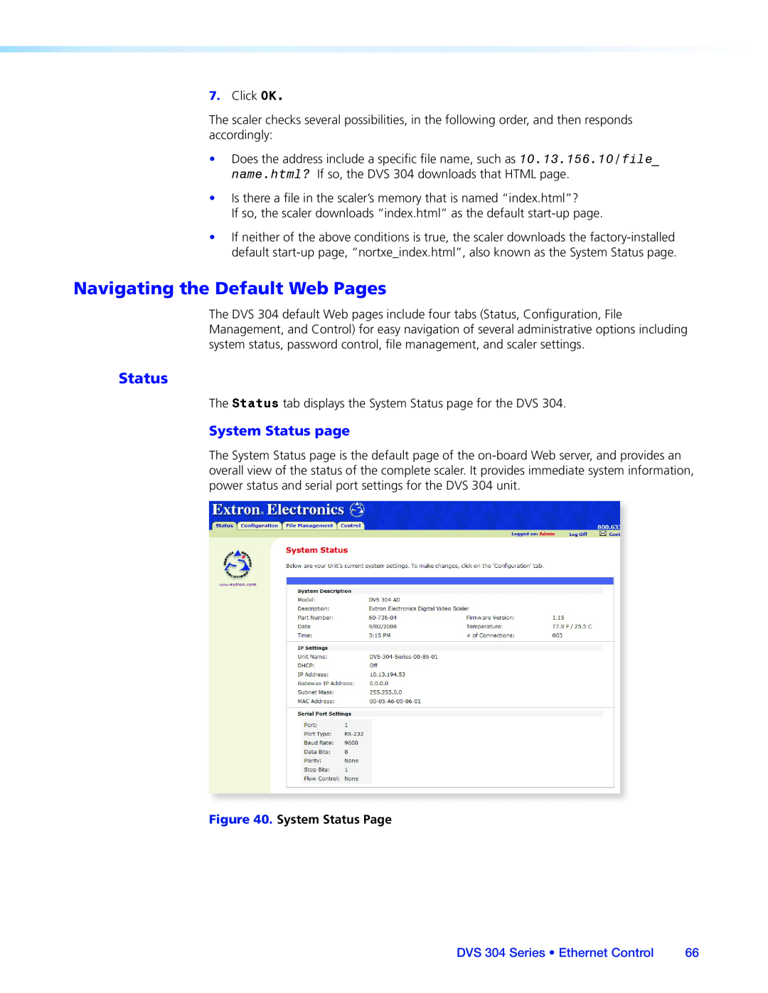 Extron electronic manual Navigating the Default Web Pages, Status, DVS 304 Series • Ethernet Control 