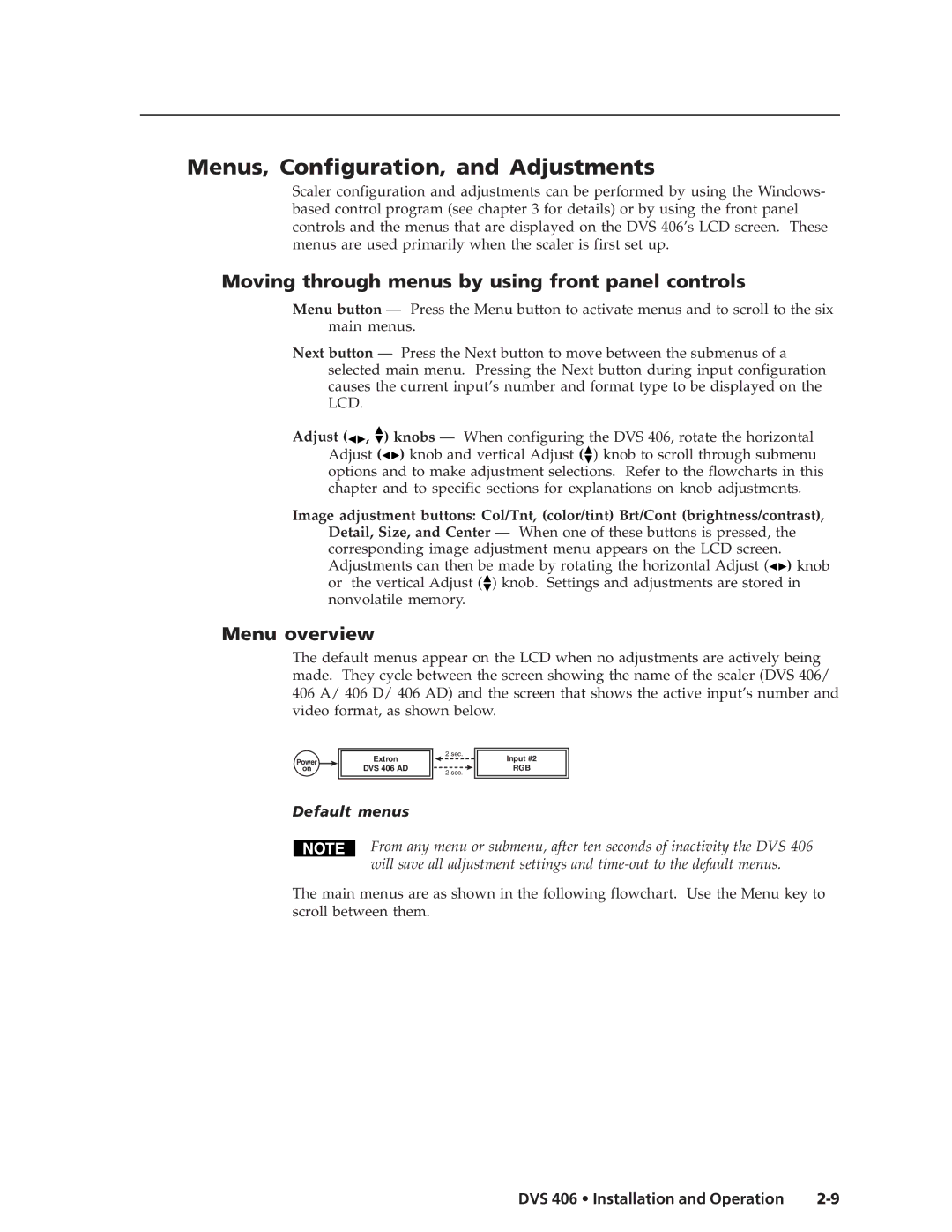 Extron electronic DVS 406 manual Menus, Configuration, and Adjustments, Moving through menus by using front panel controls 