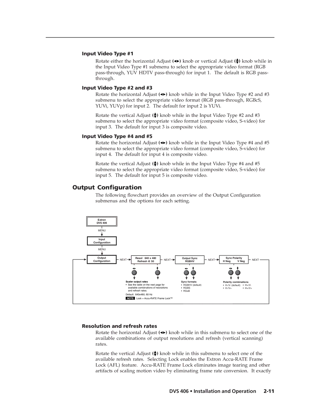 Extron electronic DVS 406 AD, DVS 406 D manual Output Configuration, Input Video Type #1, Input Video Type #2 and #3 