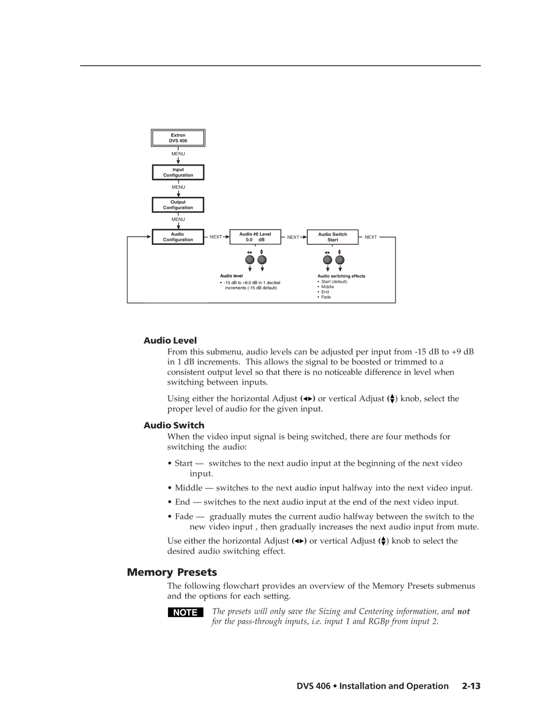Extron electronic DVS 406 D, DVS 406 AD manual Memory Presets, Audio Level, Audio Switch 
