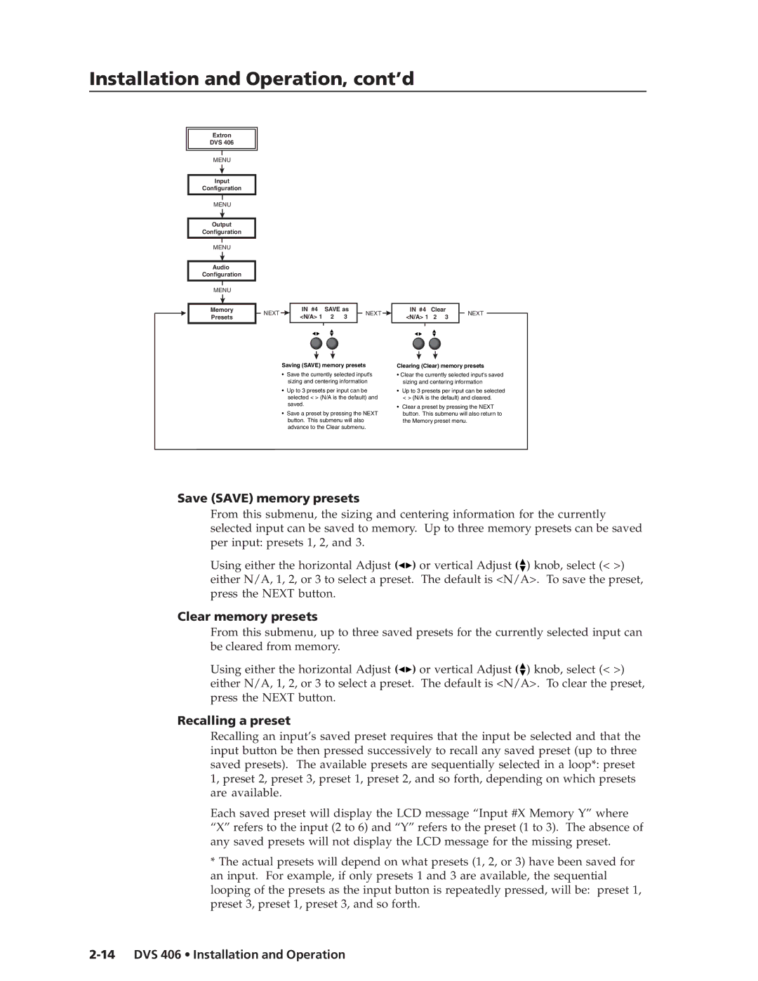 Extron electronic DVS 406 D, DVS 406 AD manual Save Save memory presets, Clear memory presets, Recalling a preset 