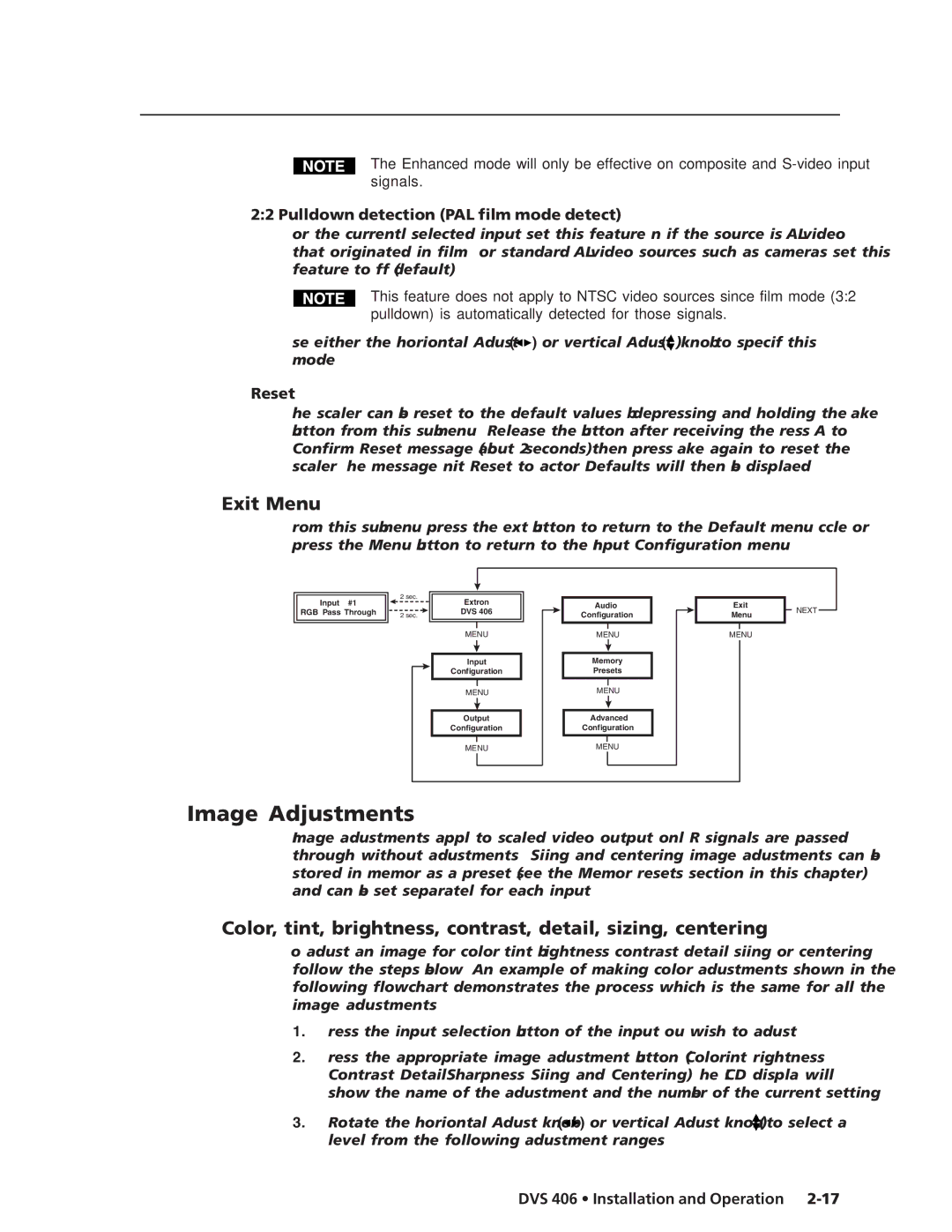 Extron electronic DVS 406 D, DVS 406 A Image Adjustments, Exit Menu, Pulldown detection PAL film mode detect, Reset 