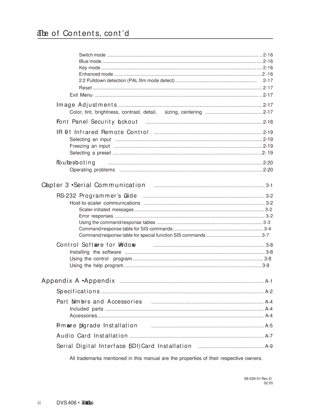 Extron electronic DVS 406 D, DVS 406 AD manual Table of Contents, cont’d 