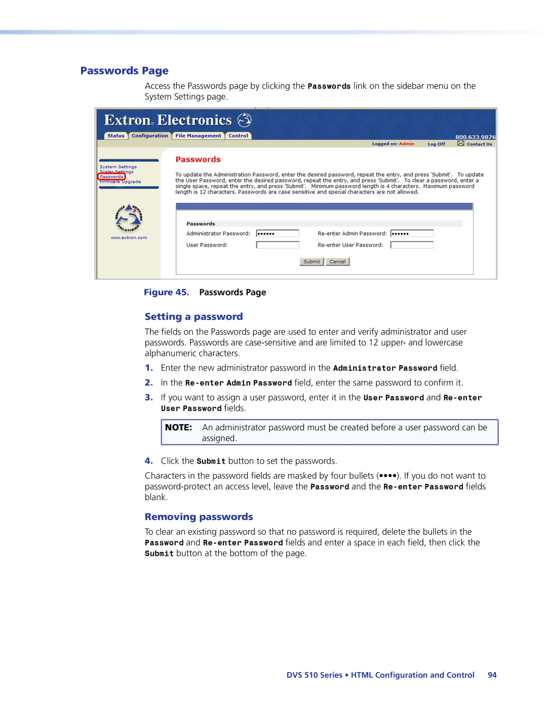 Extron electronic DVS 510 SA manual Passwords, Setting a password, Removing passwords 