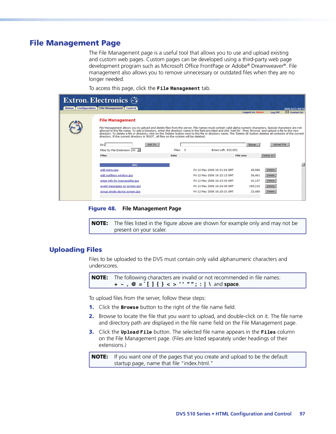 Extron electronic DVS 510 SA manual File Management, Uploading Files, + ~ , @ = ` ’ ‘ \ and space 