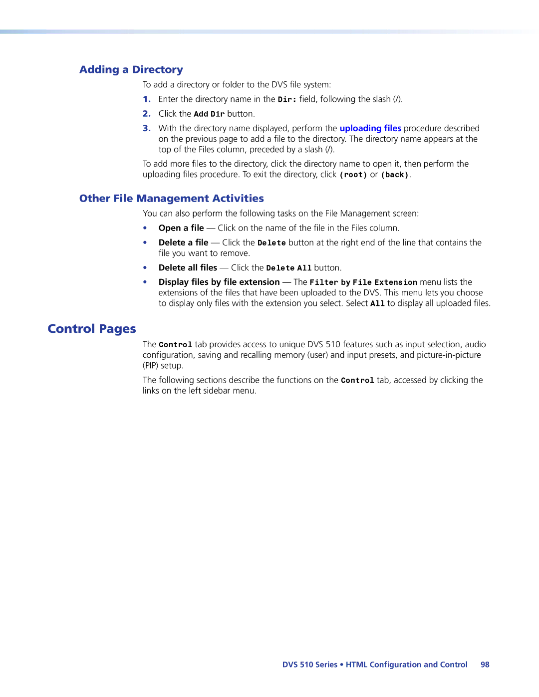 Extron electronic DVS 510 SA manual Control Pages, Adding a Directory, Other File Management Activities 