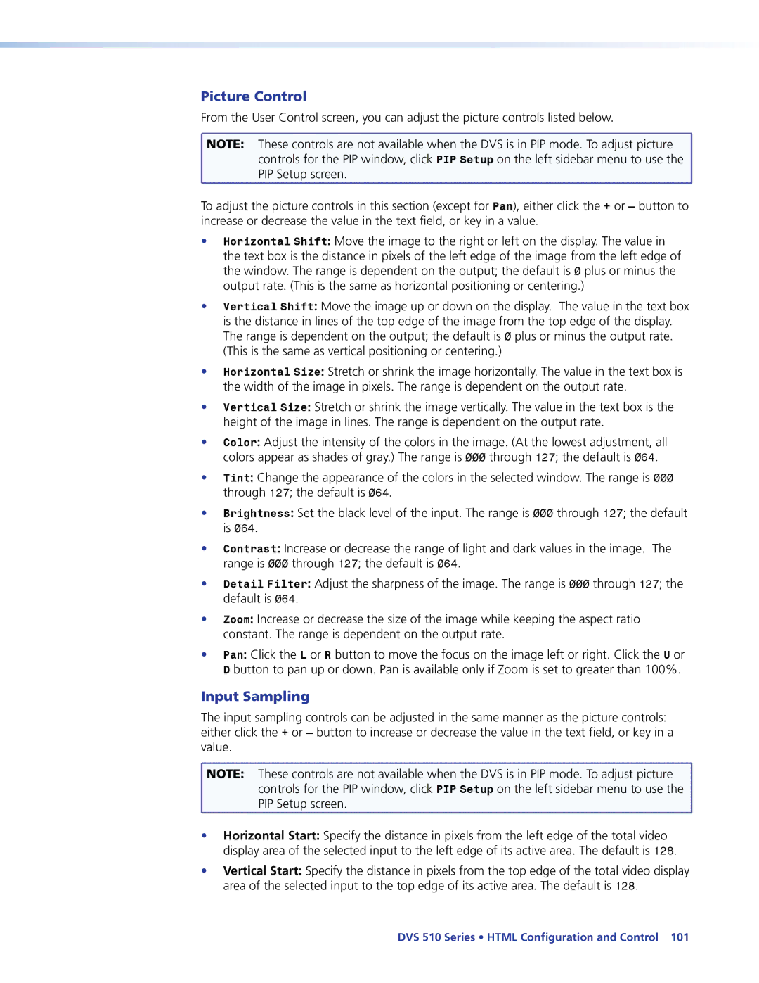 Extron electronic DVS 510 SA manual Picture Control, Input Sampling 