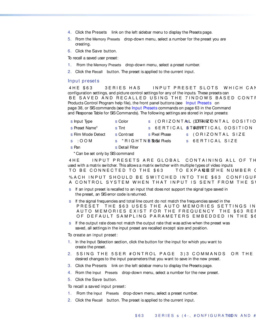 Extron electronic DVS 510 SA manual Input presets, To create an input preset, To recall a saved input preset 