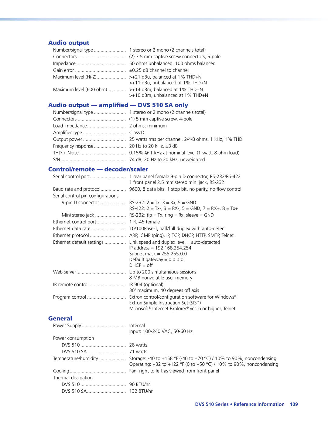 Extron electronic manual Audio output amplified DVS 510 SA only, Control/remote decoder/scaler, General 