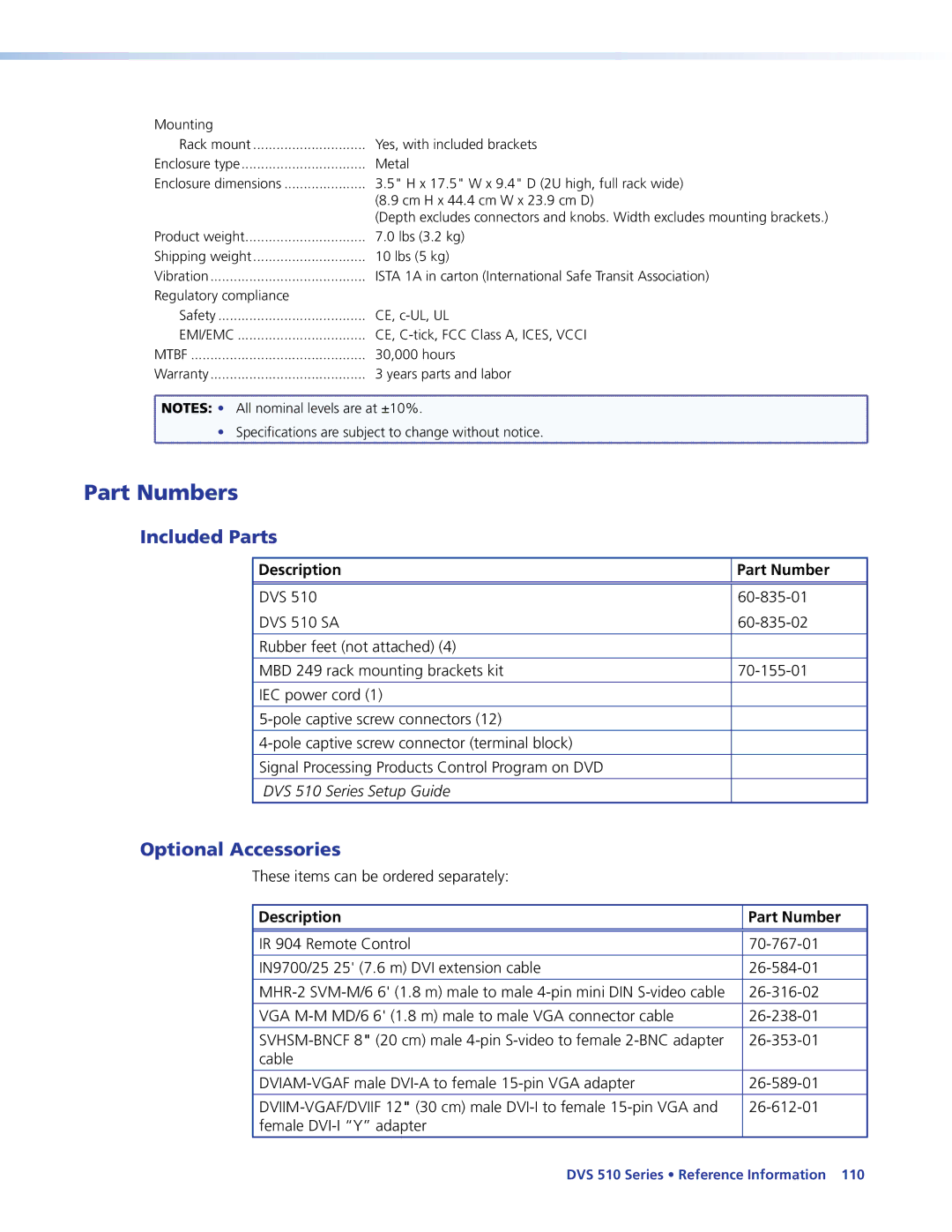 Extron electronic DVS 510 SA manual Part Numbers, Included Parts, Optional Accessories, Description Part Number 