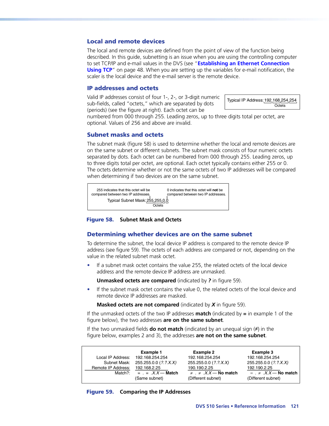 Extron electronic DVS 510 SA manual Local and remote devices, IP addresses and octets, Subnet masks and octets 