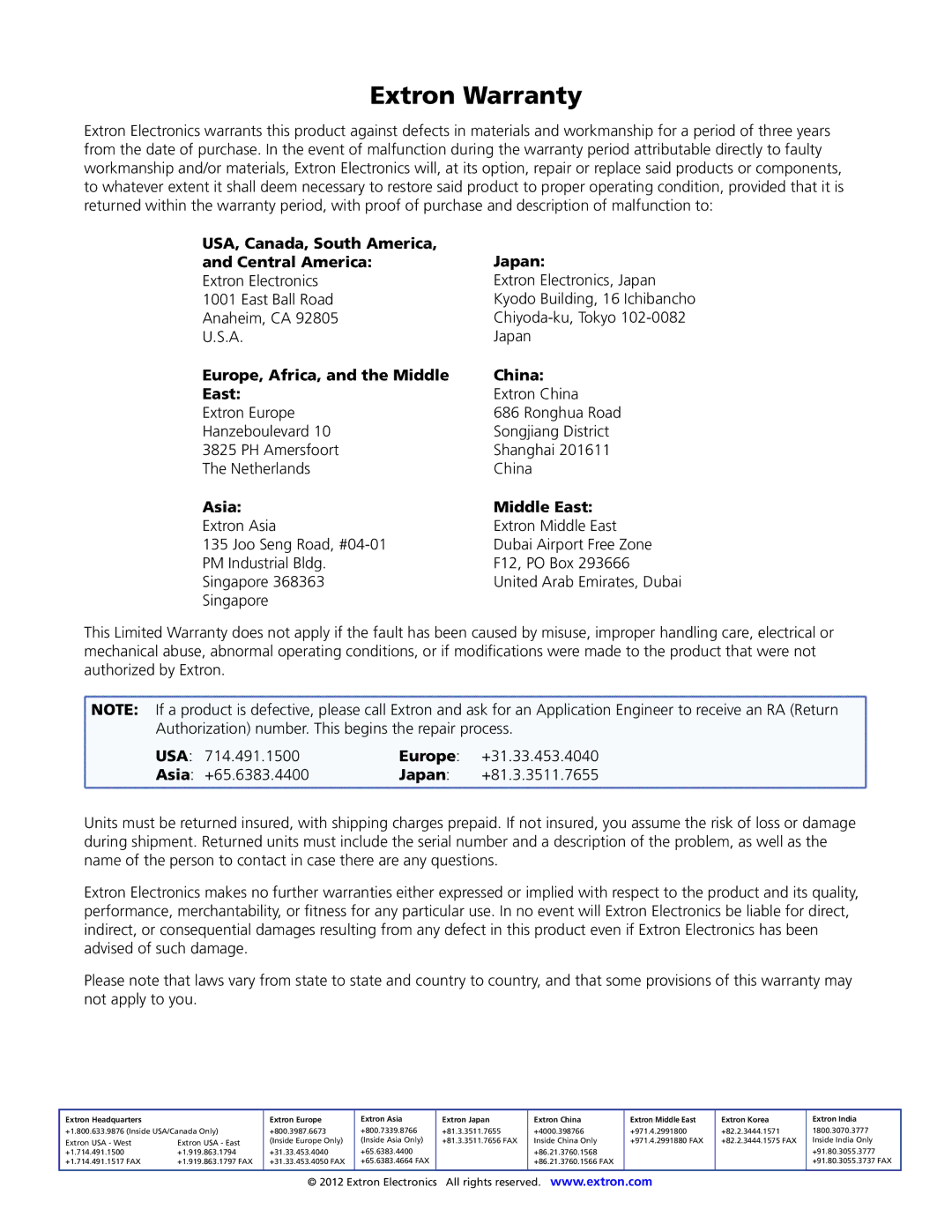 Extron electronic DVS 510 SA USA, Canada, South America Japan Central America, Europe, Africa, and the Middle China East 