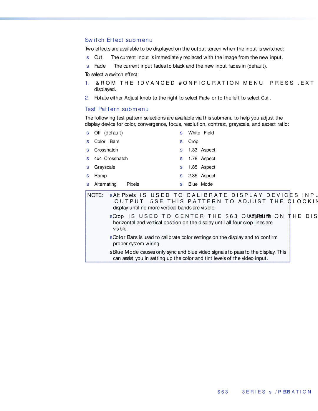 Extron electronic DVS 510 SA manual Switch Effect submenu, Test Pattern submenu, Off default 