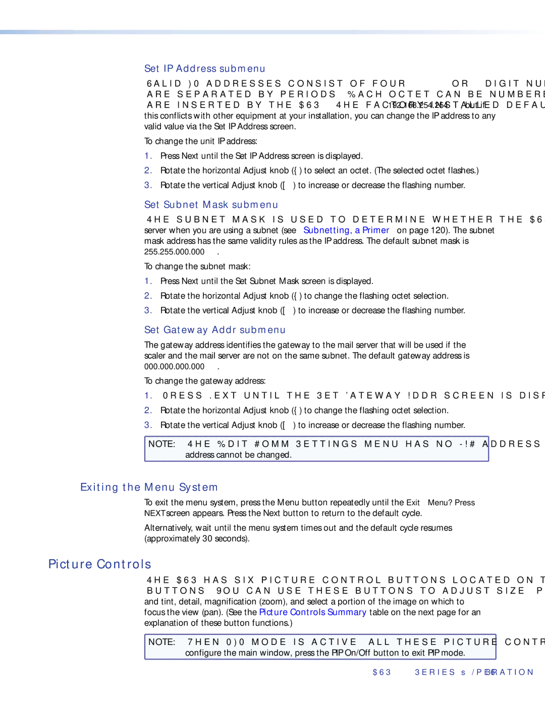 Extron electronic DVS 510 SA Picture Controls, Exiting the Menu System, Set IP Address submenu, Set Subnet Mask submenu 