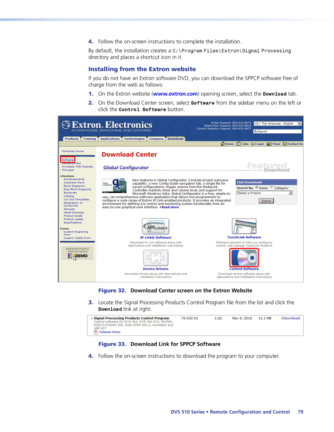 Extron electronic DVS 510 SA manual Installing from the Extron website, Download Center screen on the Extron Website 