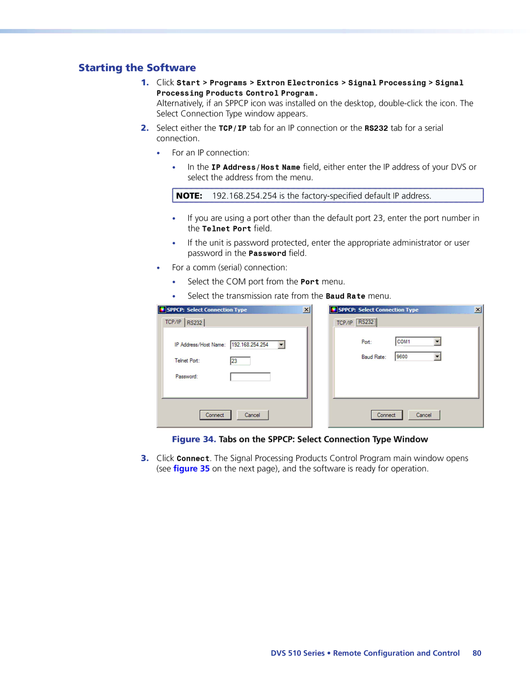 Extron electronic DVS 510 SA manual Starting the Software, Tabs on the Sppcp Select Connection Type Window 