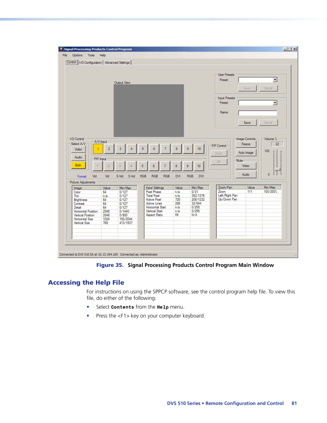 Extron electronic DVS 510 SA manual Accessing the Help File, Signal Processing Products Control Program Main Window 