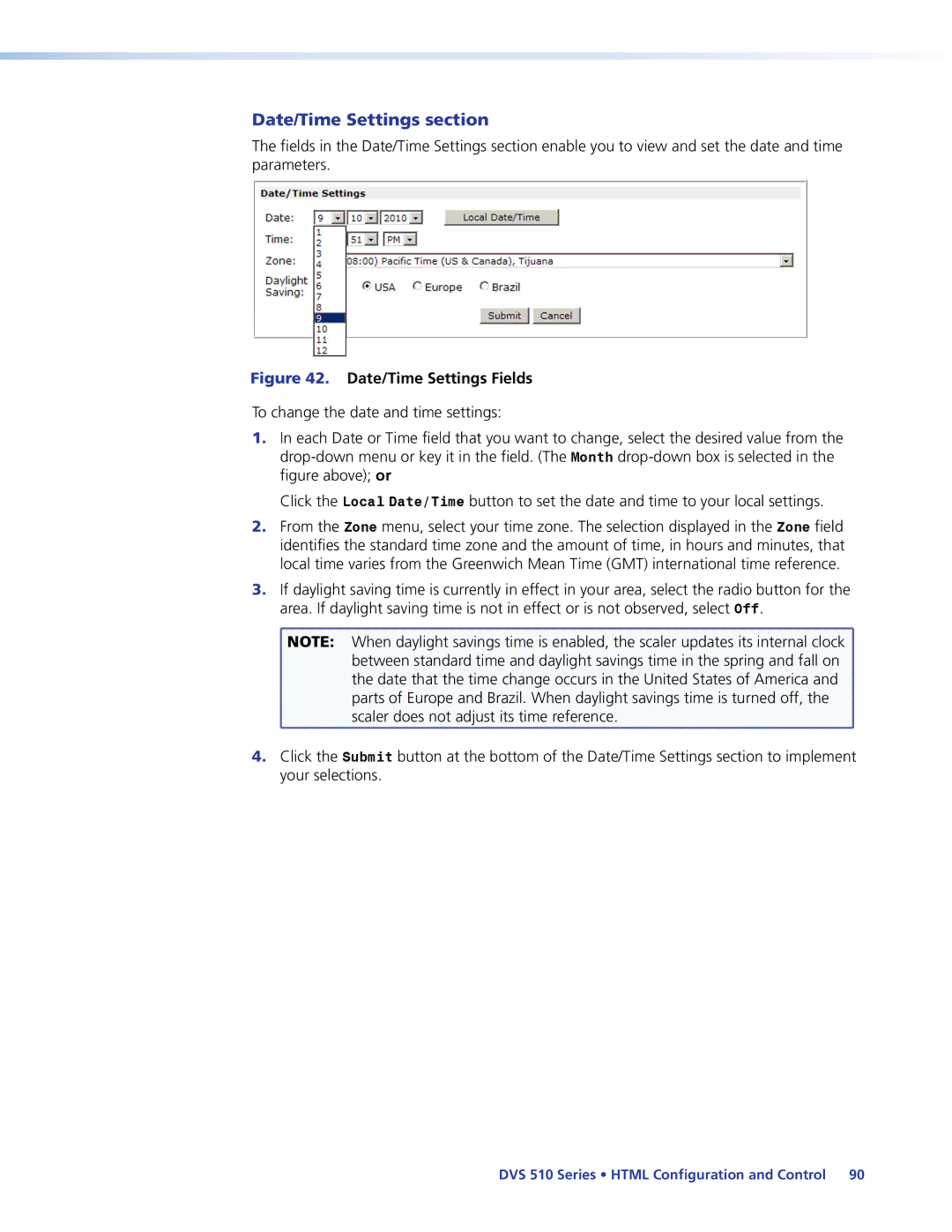 Extron electronic DVS 510 SA manual Date/Time Settings section, Date/Time Settings Fields 