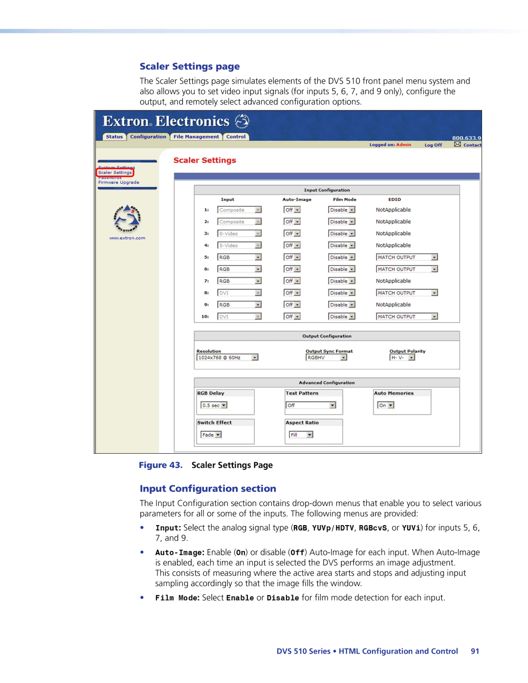 Extron electronic DVS 510 SA manual Scaler Settings, Input Configuration section 