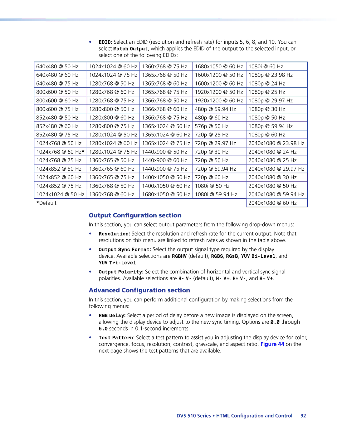 Extron electronic DVS 510 SA manual Output Configuration section, Advanced Configuration section 