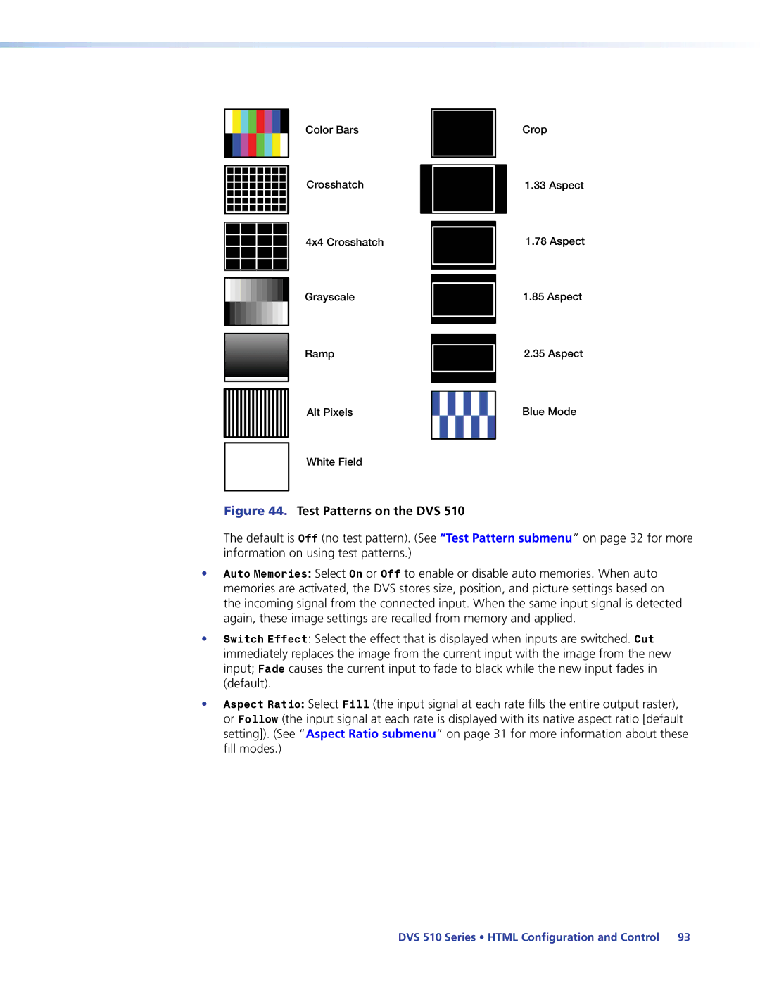 Extron electronic DVS 510 SA manual Test Patterns on the DVS 