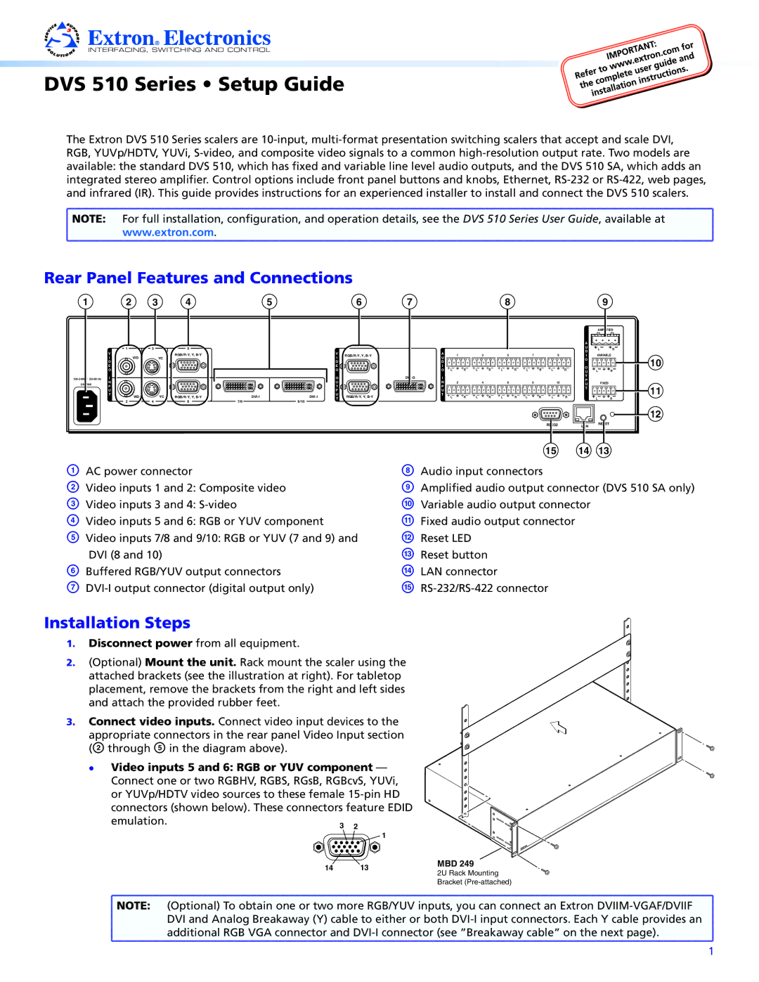 Extron electronic DVS 510 setup guide Rear Panel Features and Connections, Installation Steps 