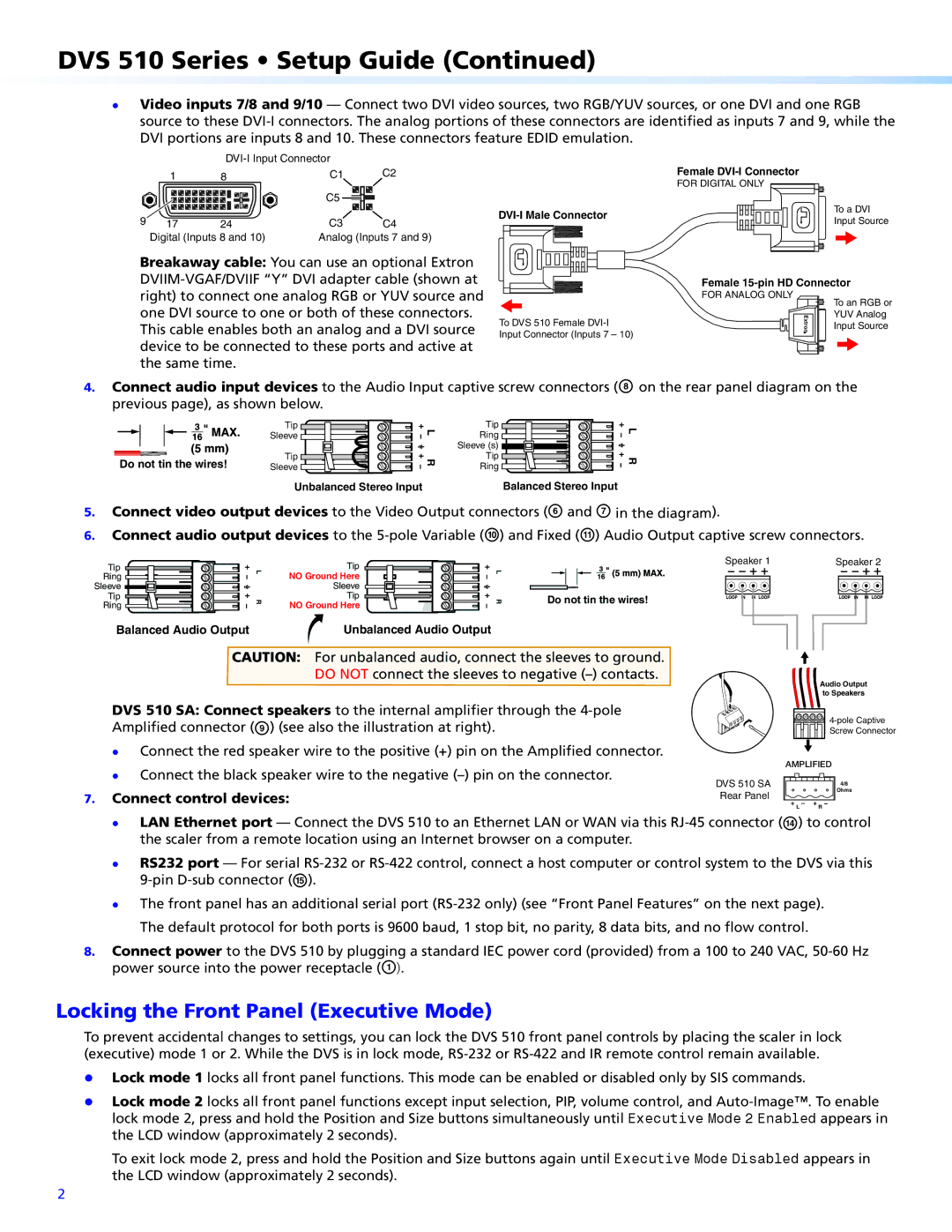 Extron electronic DVS 510 setup guide Locking the Front Panel Executive Mode, Connect control devices 