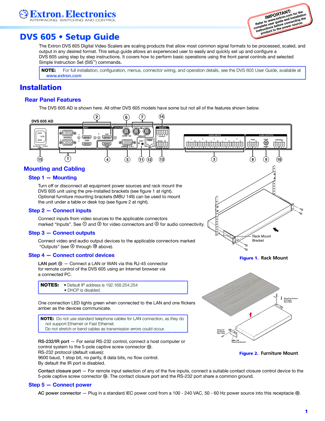 Extron electronic DVS 605 setup guide Installation, Rear Panel Features, Mounting and Cabling 